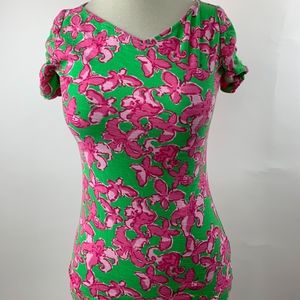 Lilly Pulitzer Green Pink Floral Top Shirred XS
